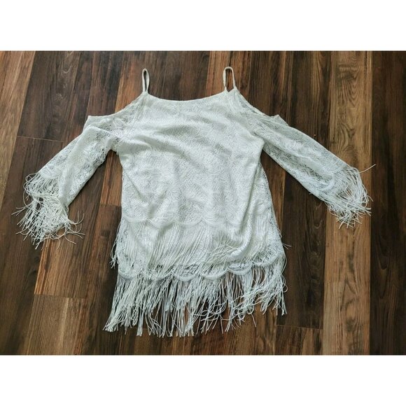 Boston Proper White Lace And Fringe Cold Shoulder Top Western Cowgirl Sz M - Picture 5 of 7
